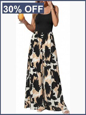 Boho Floral Wide Leg Jumpsuit with Pockets Sleeveless Summer Romper